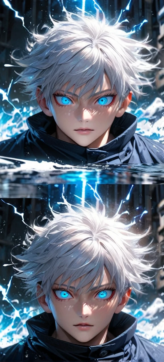 High quality, ultra realistic,absurdres, highres, ultra detailed, HDR, masterpiece, extremely detailed face and eyes, Gojo satoru , jujutsu kaisen,, white hair ,black shirt , solo, ,man, handsome, ,white eyeleshes, blue eyes , Epic fight scene, blue splashing effect,blue lightning effect,glowing glitters , close up,cool eyes, symetrical