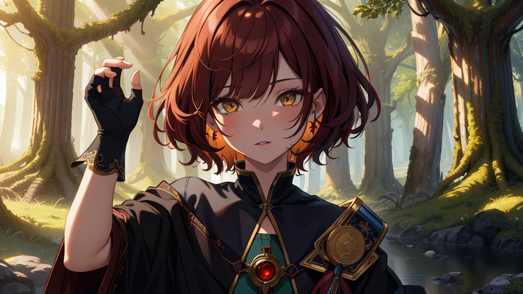  (Highly detailed CG Unity 4k wallpaper),(masterpiece),(Highest quality),(Super detailed),(Best illustrations),(Best Shadow),(Absurd),(Detailed Background), Set in a dark fantasy forest, Shoulder-length dark red hair (Bobcut), Amber Eyes, Priestess&#39;s Cloak, Neutral expression, close, Circlet,smile