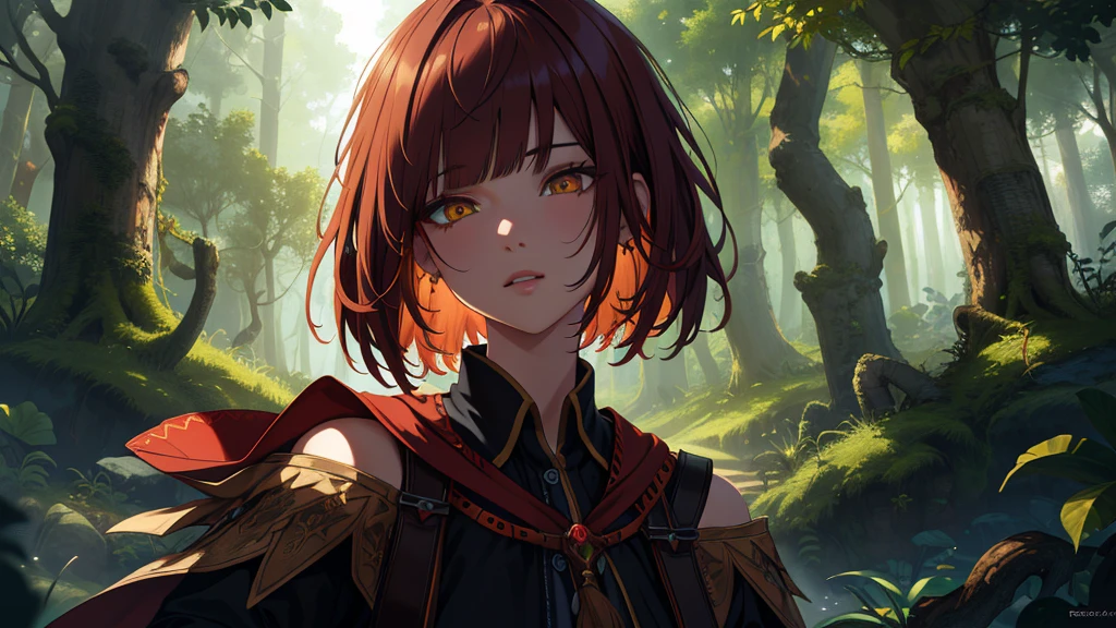 (Highly detailed CG Unity 4k wallpaper),(masterpiece),(Highest quality),(Super detailed),(Best illustrations),(Best Shadow),(Absurd),(Detailed Background), Set in a dark fantasy forest, Shoulder-length dark red hair (Bobcut), Amber Eyes, Priestess's Cloak, Neutral expression, close, Circlet,smile