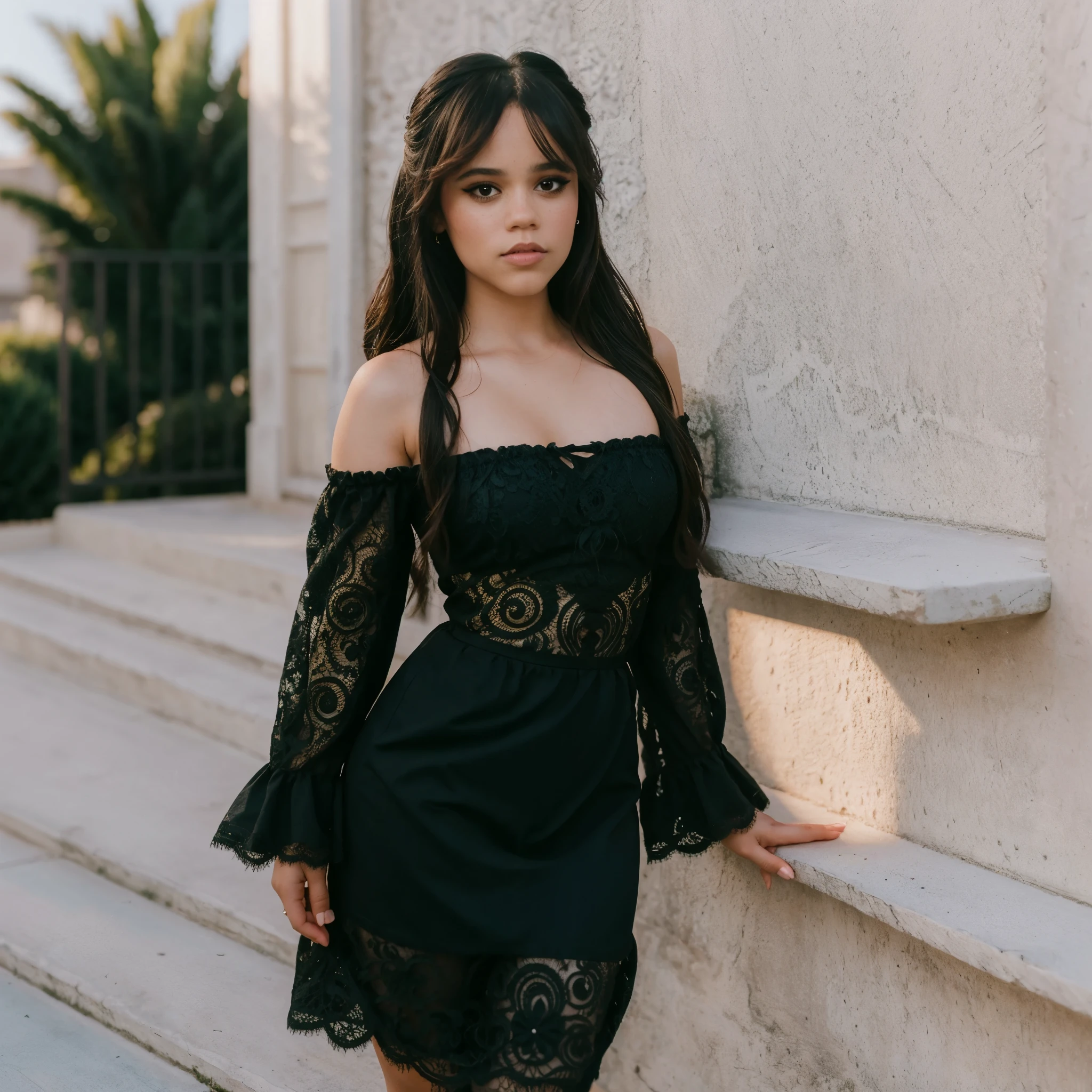 jenna_ortega wearing lacy off shoulder dress, long hair, eyeliner,
upper body, solid wall background,