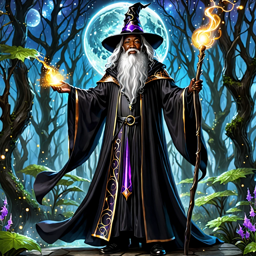 A black wizard wizard with high quality in a totally magical theme with lots of black