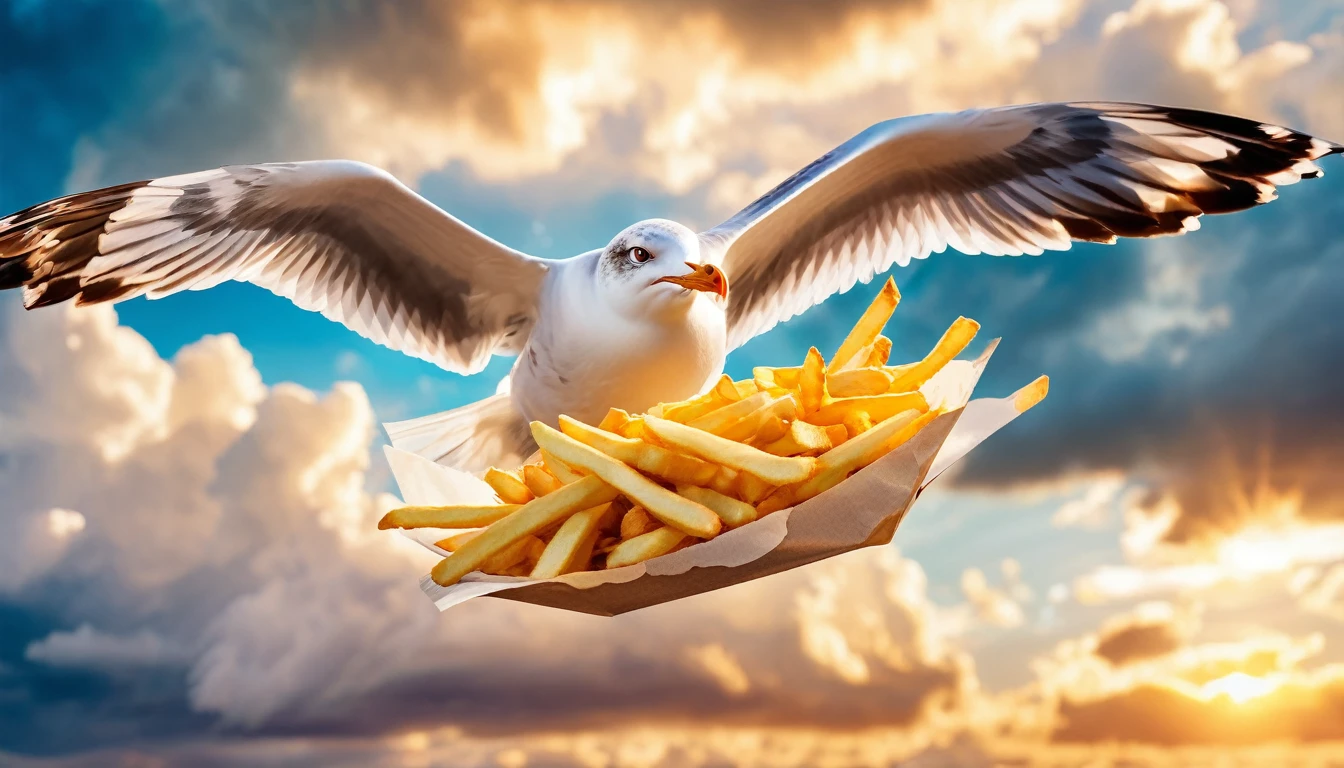 A seagull carrying french fries on its back, flying through the sky, intricate detailed feathers, realistic photorealistic, 8k, hyper detailed, cinematic lighting, vibrant colors, dramatic composition, stunning natural scenery, golden hour lighting, dramatic clouds, soft focus, highly detailed background