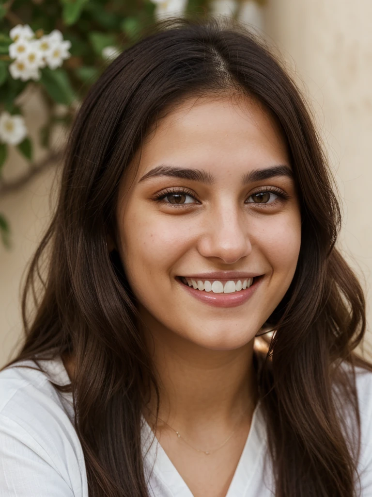 24YO, one women, cute smile, white teethes, white skin Jordanian, long burnt orange shirt, light brown eyes, small nose, black/brown long hair