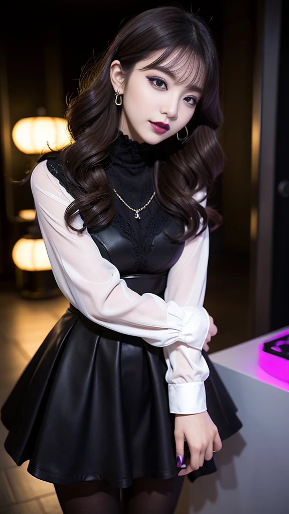 best quality、ultra-detailed、8k、Japanese、Japanese、Seductive beauty、seductive adult woman、Pretty Woman、cool girl、smirk、Wicked Smile、Villainess、brainwash makeup、Brainwashed、brainwash、Fallen into evil、Evil look、evil、Brown hair、wavy hair、swept bangs、dark makeup、piercing eyes、hollow eyes,half-closed eyes、Hollow Eyes、purple Eyeshadow、black lipstick、black lipglos、black elegant dress、wide sleeve、Black flared skirt、skin color pantyhose、stockings、night、inside darkroom、hand hold pantyhose、Are standing、Look、Offer、shoot from below、Swear allegiance、I have pledged my allegiance、