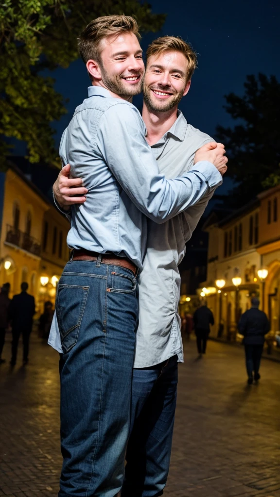 2 handsome men hugging each other lovingly in town square,in night, cinematic lighting, masterpiece, detailed face, smiling 