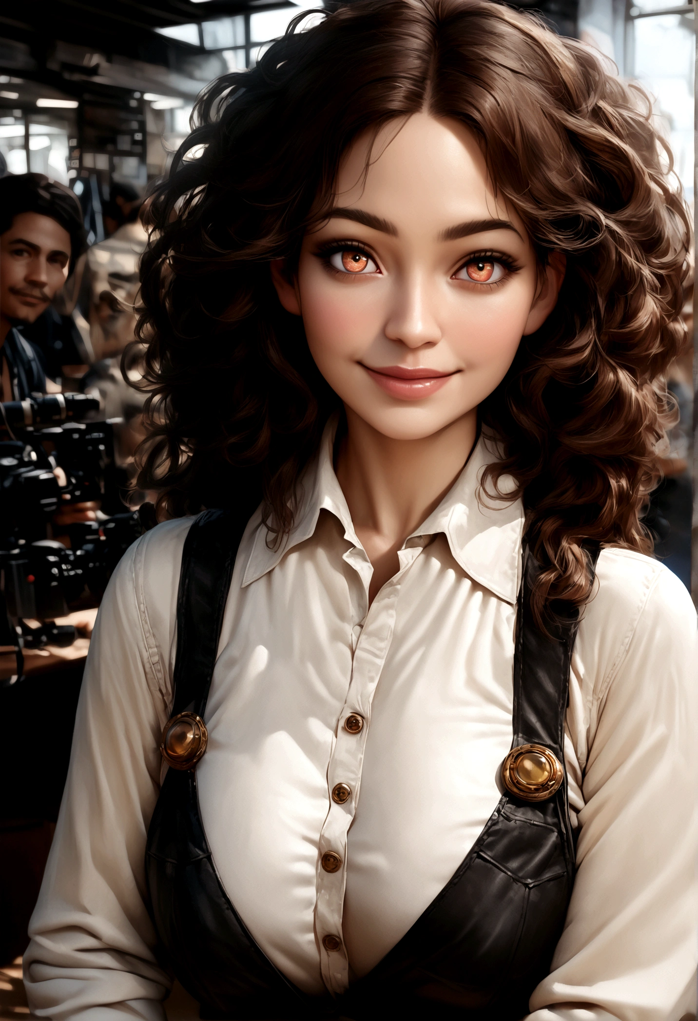 beautiful cute brunette, hispanic, whole body, very detailed, 32 years old, flirty face, long messy hair, eyebrows n eyes, high resolution, masterpiece, best quality, intricate details, very detailed, sharp focus, detailed skin, realistic skin text, texture, detailed eyes, professional, 4k, smile, shot on Canon, 85mm, shallow depth of field, kodak color vision, eye shadow, extremely detailed, photorealistic, realistic, post-processing, max detail, roughness, real life, ultra realistic, photorealism, photography, 8k uhd, photography, big ass, fanny foreground photo, working clothers,