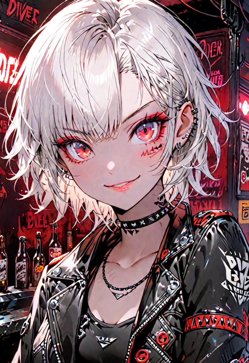 solo, female, white hair, short hair, wild hair, red eyes, smile, close up, dive bar, dark, leather jacket, small breasts, black jeans, studded chocker, punk aesthetic, futuristic