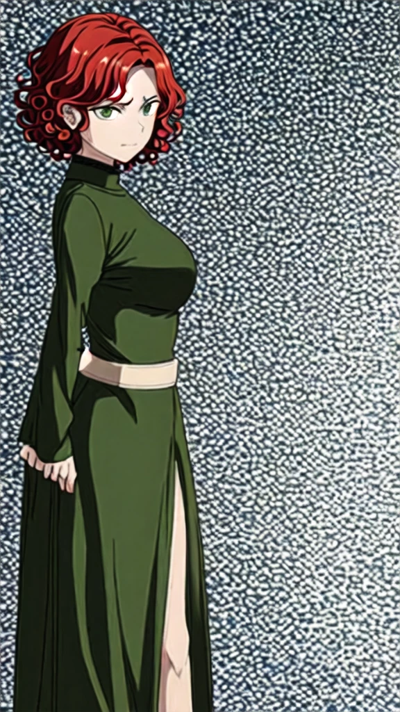 woman with short, curly red hair and beautiful green eyes angry