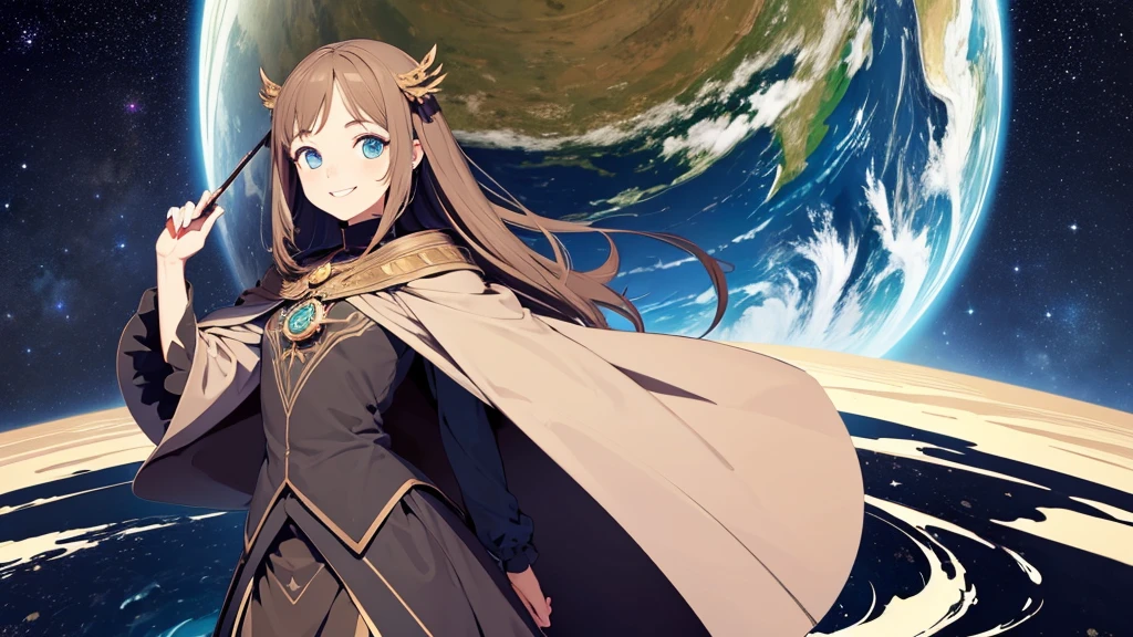 (masterpiece, Highest quality),((Flat Color)), 1 girl , witch girl, pixiv style, Beautiful eyes in every detail, smile , Earth Colors, Dynamic pose, earth element, Gaia, magic soil,smile