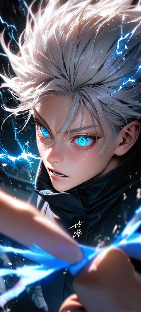 High quality, ultra realistic,absurdres, highres, ultra detailed, HDR, masterpiece, extremely detailed face and eyes, Gojo satoru , jujutsu kaisen,, white hair ,black shirt , solo, ,man, handsome, ,white eyeleshes, blue eyes , Epic fight scene, blue splashing effect,blue lightning effect,glowing glitters , close up,cool eyes, symetrical
