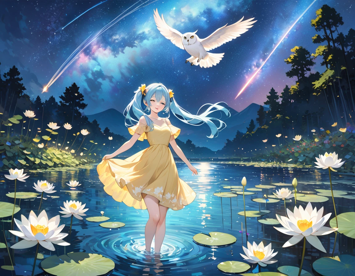 Light blue long hair,beautiful girl with twin tails、water.Vivid water lilies(many, Impressionism, Oil)、Yellow Dress、Bright smile、masterpiece、Moonlit Night、shooting star、milky way、A white owl is flying in the sky
