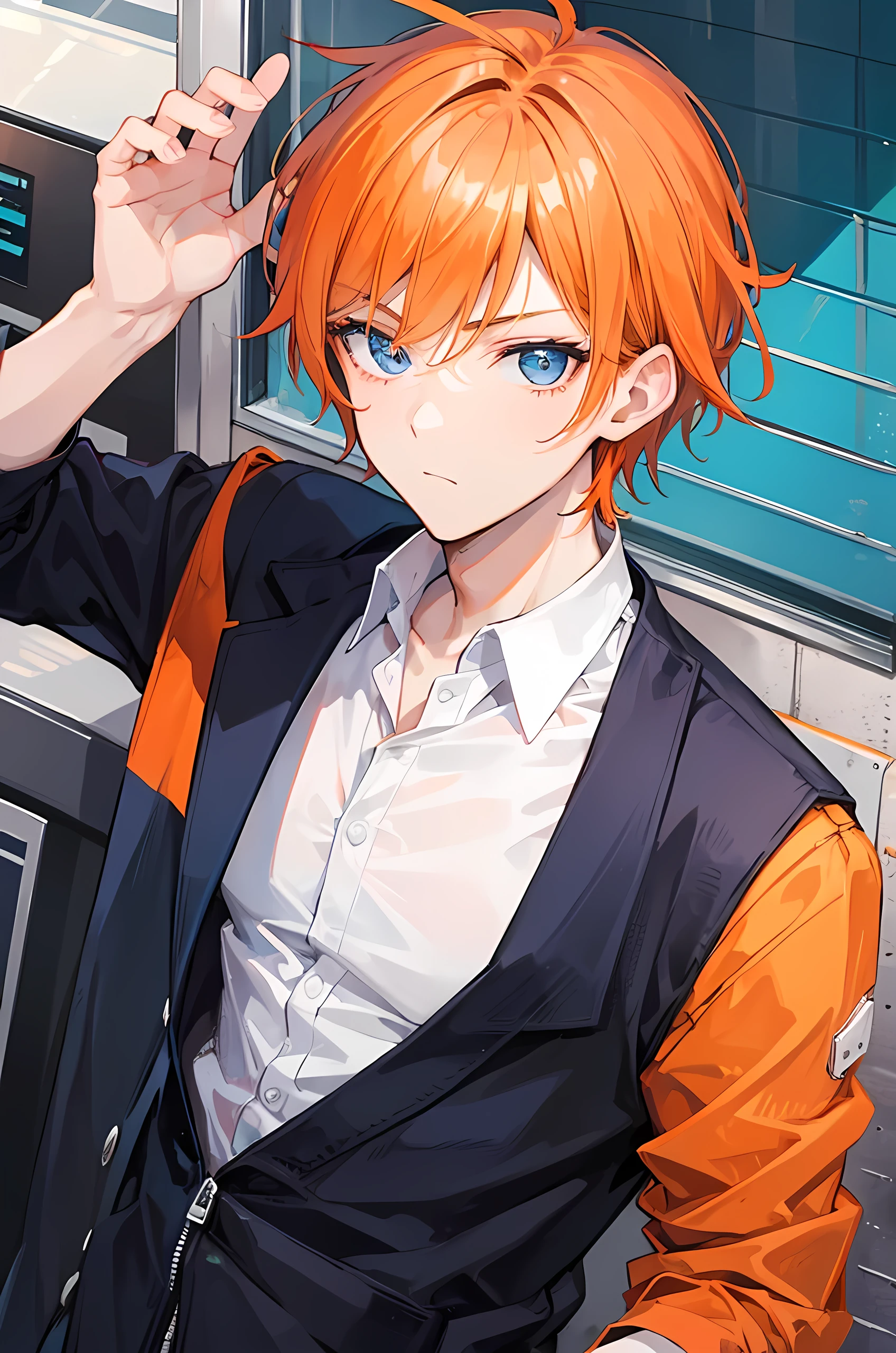 Young man, orange short hair, blue eyes, modern style, handsome man, slang, cool boy