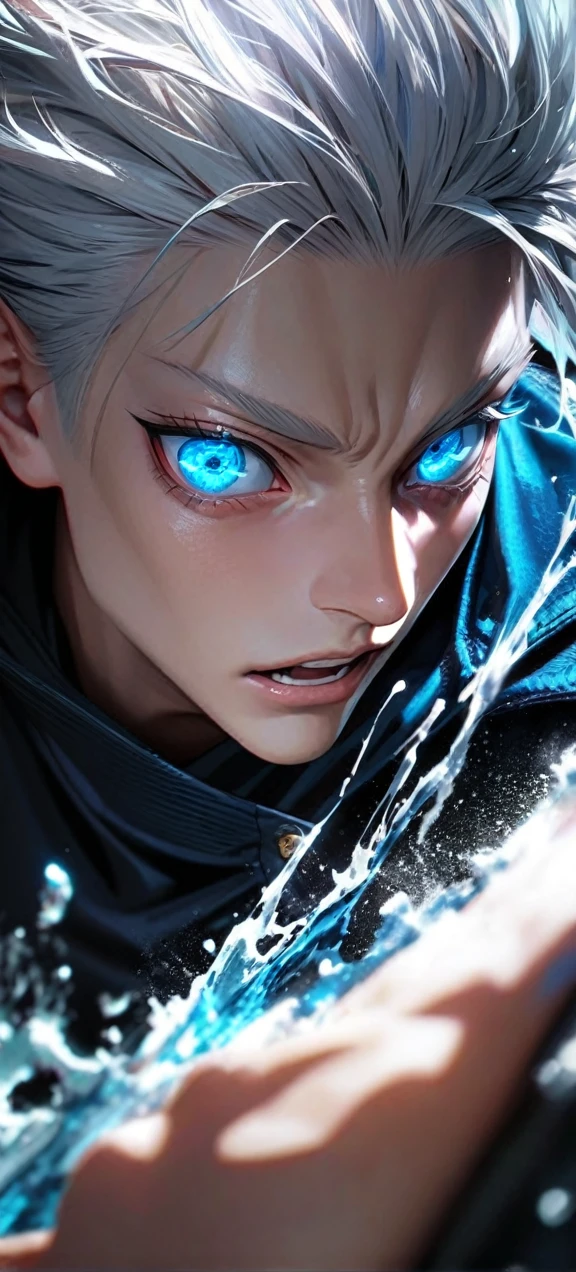  High quality, ultra realistic,absurdres, highres, ultra detailed, HDR, masterpiece, extremely detailed face and eyes,  Gojo satoru , jujutsu kaisen,, white hair ,black shirt , solo, ,man, handsome, ,white eyeleshes, blue eyes , Epic fight scene, blue splashing effect,blue lightning  effect,glowing glitters , close up,cool eyes, symetrical 