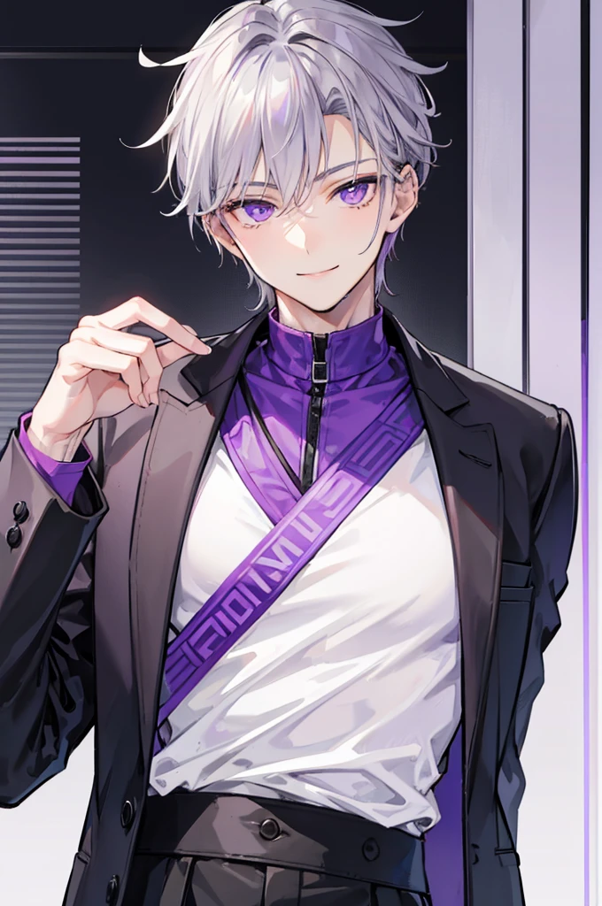 Young man, grey hair, purple eyes, smile face, modern style, handsome man, bad boy, scoffed