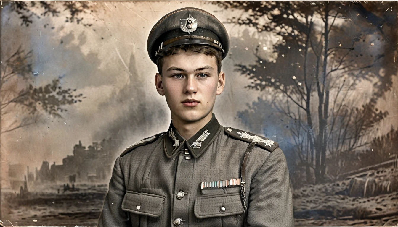 (best quality:1.3), (best illustrations:1.2), (art film light:1.2) (1 person), (realistic), (extra sharp), (8k), (1 person), Year 1939, Young man aged -18 years, Wearing the uniform of an NKVD officer, Eastern European Slavs, Soviet Union, Portrait style, Road to valor world war2