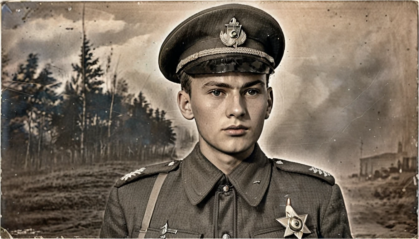 (Best quality:1.3), (Best performance:1.2), (Best illustration:1.2), (Artistic film lighting:1.2) (1 person), (Highly detailed), (Highly detailed Tall), (very detailed), (realistic), (extra sharp), (8k), (1 person) year 1939, young man 17-18 years old, wearing the uniform of an NKVD officer, Eastern European Slav. , Soviet Union, rank of lieutenant,