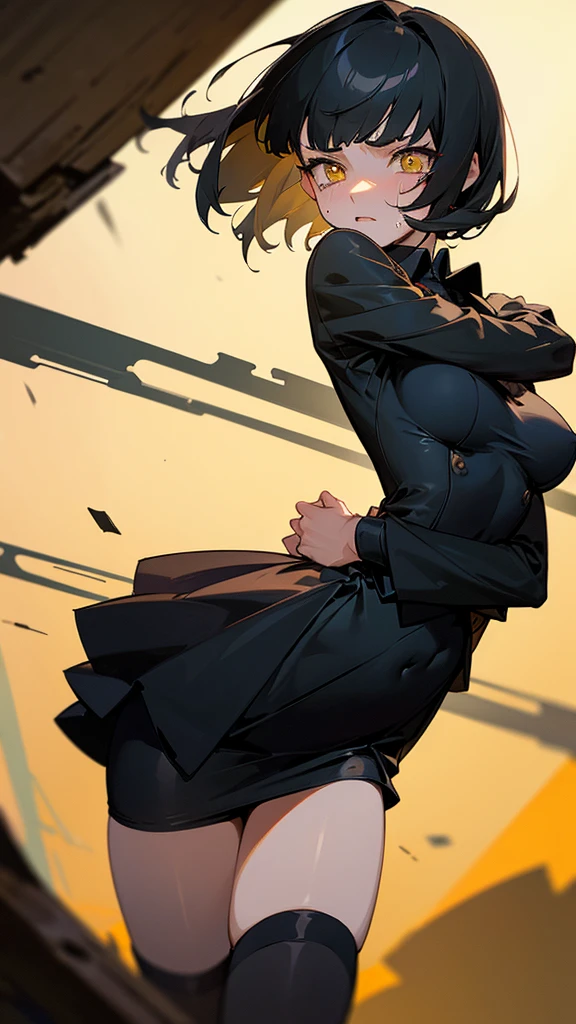 ((Best Quality)), ((Masterpiece)), (Detailed), Girl with short black hair, with straight bangs, yellow eyes, the pupils of his eyes look at your violence, tall and slender, very beautiful and feminine features, with loose black clothing, wearing shorts with long black stockings, short hair, nice breasts, with a too short miniskirt, with a scared expression and crying in pain for losing her virginity, she feels alone and has no help but also a sexualized expression, just woke up