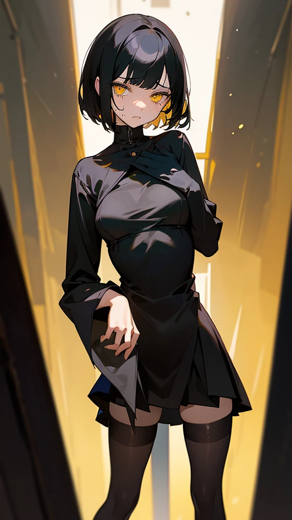 ((Best Quality)), ((Masterpiece)), (Detailed), Girl with short black hair, with straight bangs, yellow eyes, the pupils of his eyes look at your violence, tall and slender, very beautiful and feminine features, with loose black clothing, wearing shorts with long black stockings, short hair, nice breasts, with a too short miniskirt, with a scared expression and crying in pain for losing her virginity, she feels alone and has no help but also a sexualized expression, just woke up