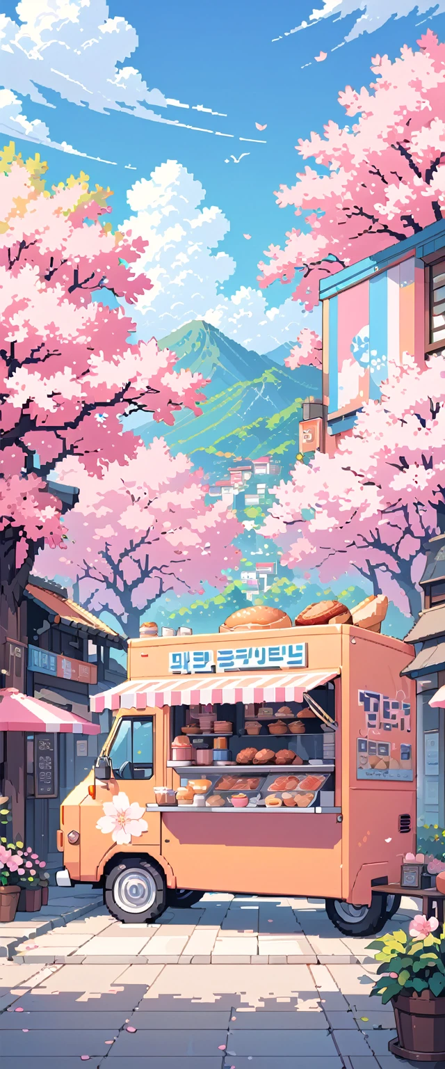 cherry blossom trees in front of a food truck, in the cartoon style, with an anime aesthetic, in the lofi pixel art style, on a white background, with a blue sky, pink flowers, a korean street view, in the style of Studio Ghibli, using pastel colors, as a digital painting, like a poster, similar to a kpop album cover artwork, with high resolution, being ultra detailed, with high contrast, featuring vibrant color, resembling professional photography, in the kpop style, depicting korea culture 4k