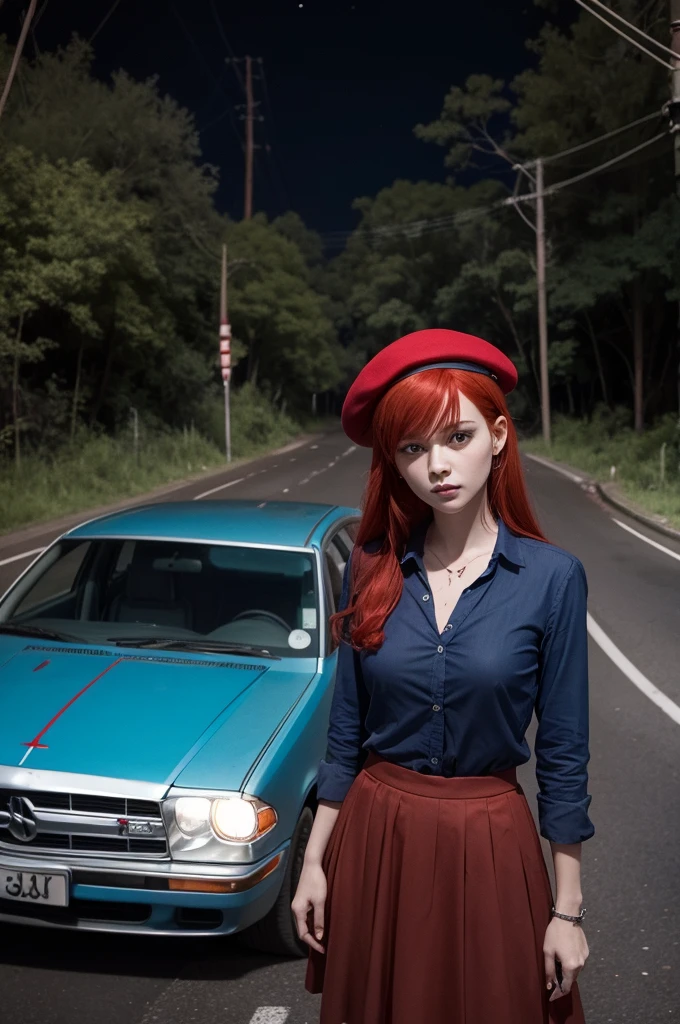 Red-haired woman with a skirt, a blue shirt and a beret on her head in front of a blood-stained car around a road with trees, signs and a dark night