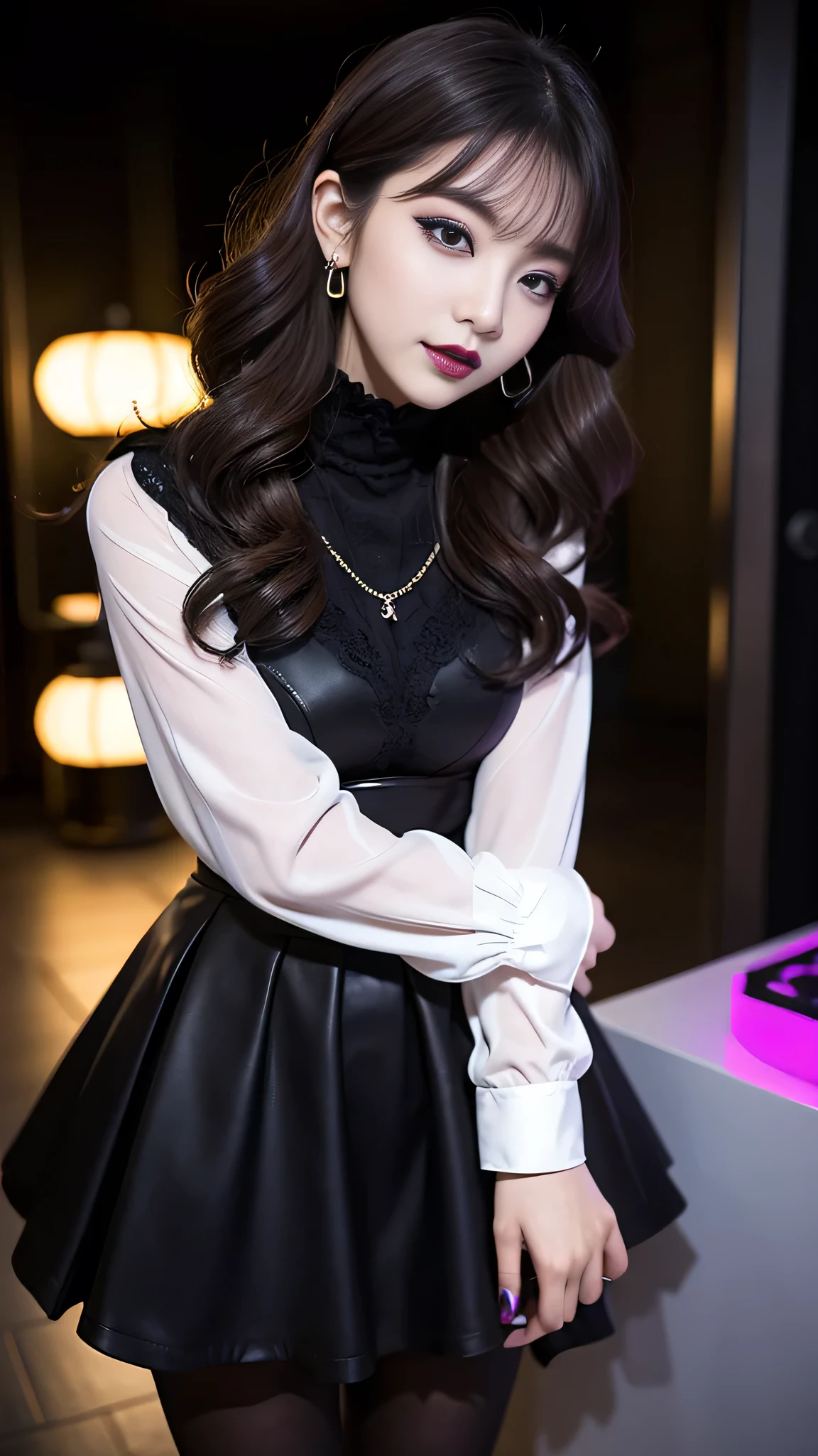 best quality、ultra-detailed、8k、Japanese、Japanese、Seductive beauty、seductive adult woman、Pretty Woman、cool girl、smirk、Wicked Smile、Villainess、brainwash makeup、Brainwashed、brainwash、Fallen into evil、Evil look、evil、Brown hair、wavy hair、swept bangs、dark makeup、piercing eyes、hollow eyes,half-closed eyes、Hollow Eyes、purple Eyeshadow、black lipstick、black lipglos、black elegant dress、wide sleeve、Black flared skirt、skin color pantyhose、stockings、night、inside darkroom、hand hold pantyhose、Are standing、Look、Offer、shoot from below、Swear allegiance、I have pledged my allegiance、