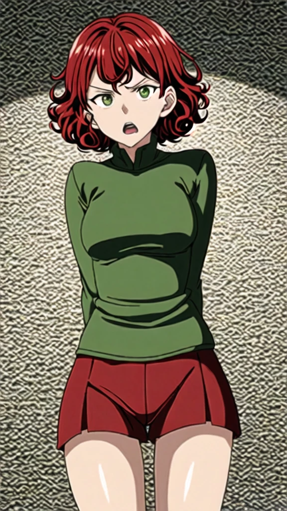 woman with short, curly red hair and beautiful green eyes angry