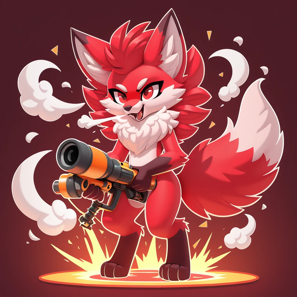 Crimson furred fox with super fluffy mane and tail erupting into a mighty flamethrower breath, in card art style