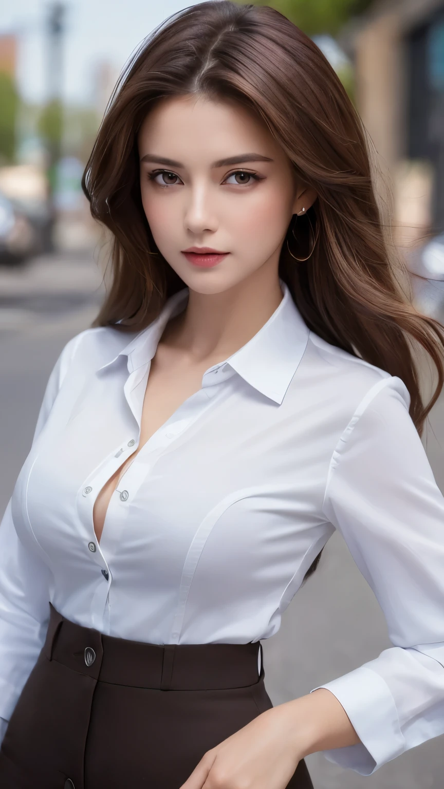 ((Highest quality, 8k, masterpiece :1.3)), Sharp focus :1.2, Beautiful woman with perfect figure :1.4, Slim Abs :1.2, ((Dark brown hair, :1.2)), (White button-up long shirt :1.1), City Street:1.2, Highly detailed face and skin texture, Fine grain, double eyelid、Large Breasts、Cleavage