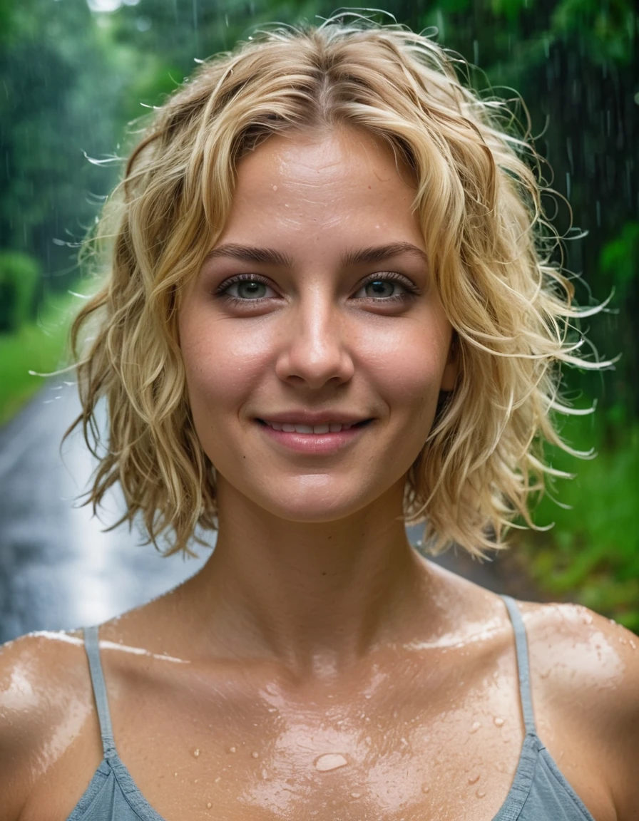HDR photo of beautiful young woman with messy blonde bob hair, messy hairstyle, messy bob, messy hairstyle, white blond, 5 foot 3 inches tall, 110 pounds in weight, 34G breasts, large firm round breasts, very large breasts, cleavage, deep cleavage, eyes closed, nipples, smiling, white spaghetti strap top and gstring, tight clothes, faint smile, standing in a leafy country lane in the rain, raining, wet skin, wet hair, foggy, misty rain, puddle of water, reflection . High dynamic range, vivid, rich details, clear shadows and highlights, realistic, intense, enhanced contrast, highly detailed