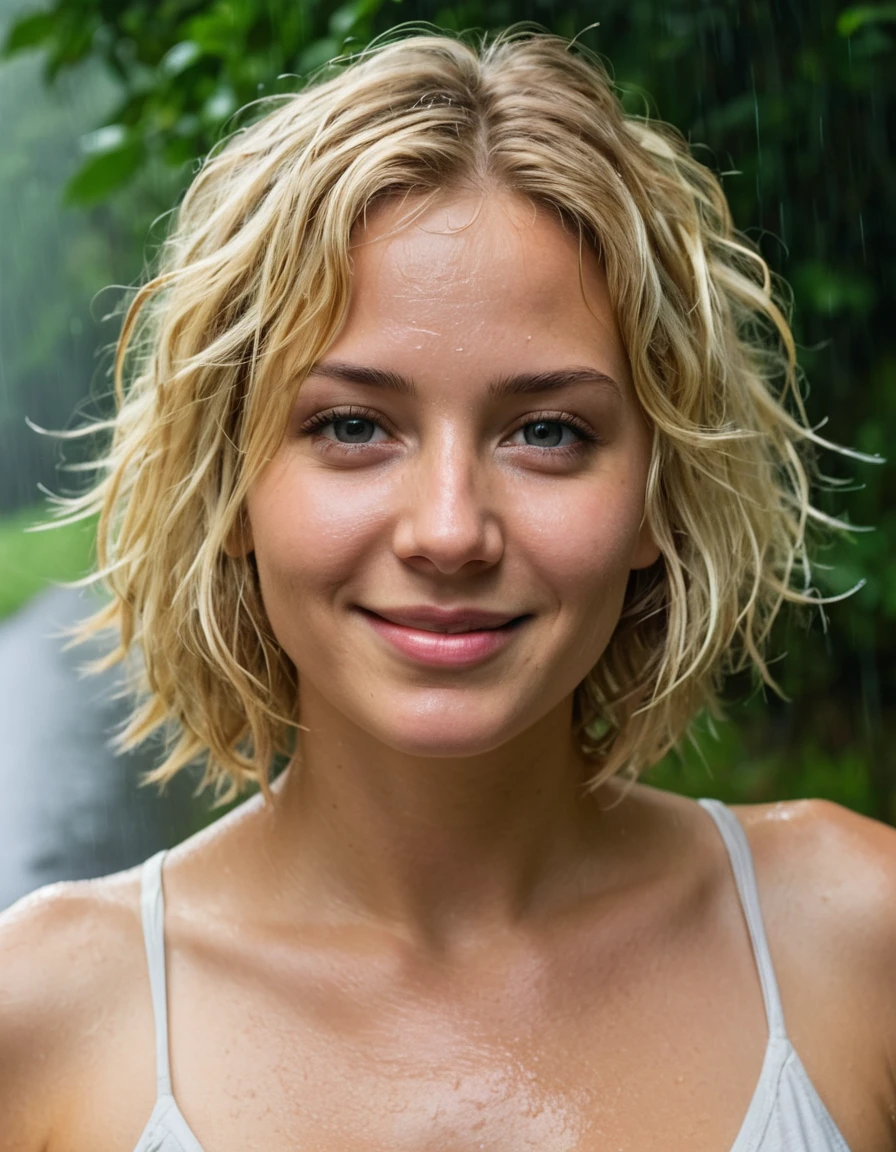 HDR photo of beautiful young woman with messy blonde bob hair, messy hairstyle, messy bob, messy hairstyle, white blond, 5 foot 3 inches tall, 110 pounds in weight, 34G breasts, large firm round breasts, very large breasts, cleavage, deep cleavage, eyes closed, nipples, smiling, white spaghetti strap top and gstring, tight clothes, faint smile, standing in a leafy country lane in the rain, raining, wet skin, wet hair, foggy, misty rain, puddle of water, reflection . High dynamic range, vivid, rich details, clear shadows and highlights, realistic, intense, enhanced contrast, highly detailed
