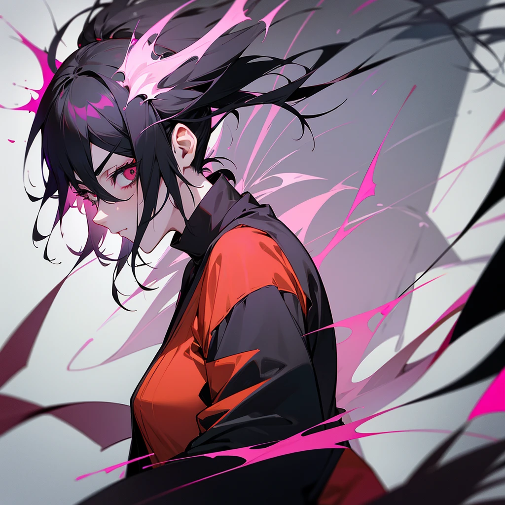 MAKE A 2D CHARACTER, BASED ON TRAITS FROM THE JUJUTSU KAISEN ANIME, SHE HAS MEDIUM BLACK HAIR WITH PINK STRIPES, BRANCA TEM UM OLHAR MARCANTE E UMA PINTINHA DE BAIXO DO OLHO DIREITO. EM SUA CINTURA ELA CARREGA DUAS ESPADAS. ELA ESTA NA ESCOLA JUJJTSU.