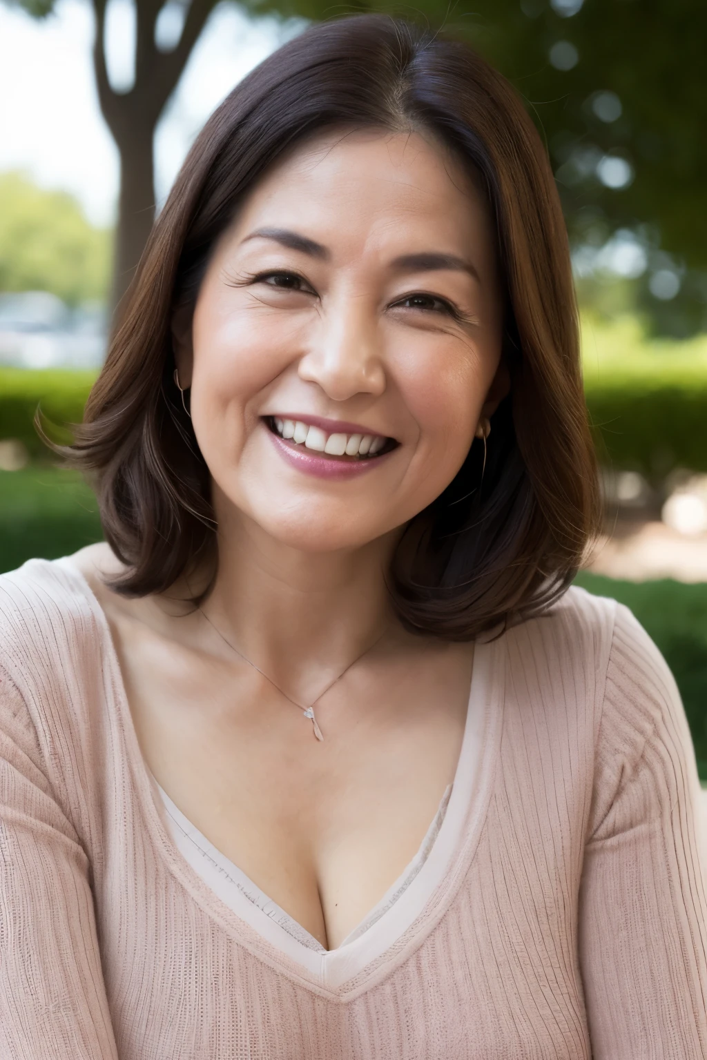 最high quality, In 8K, Masseter muscle area, Lifelike, Sharp focus, high quality, High resolution, Detailed face, Detailed eyes, Thick lips, Background Blur, solo, Middle-aged women, Chubby, 55 years old, , Medium long wavy hair, Cleavage, Wearing a plain short-sleeved knit, Sitting on a park bench, Wrinkles around the eyes, Toothy smile