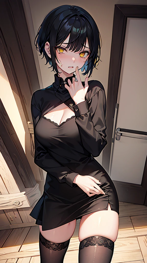 ((Best Quality)), ((Masterpiece)), (Detailed), Girl with short black hair, with straight bangs, yellow eyes, the pupils of his eyes look at your violence, tall and slender, very beautiful and feminine features, with loose black clothing, wearing shorts with long black stockings, short hair, nice breasts, with a too short miniskirt, with a scared expression and crying in pain for losing her virginity, she feels alone and has no help but also a sexualized expression, just woke up