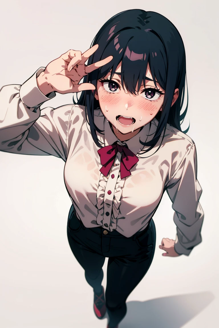 ((a girl in casual clothes)),((pink long sleeve blouse)) ,passing standing, black hair, black pants, looking at the viewer in a lascivious manner, blushing, and sweating a lot, panting, with one hand raised, white background, first person look, pov, from above, saliva,full body ,csm anime style,cum on the hand, cum on the palm of the hand 