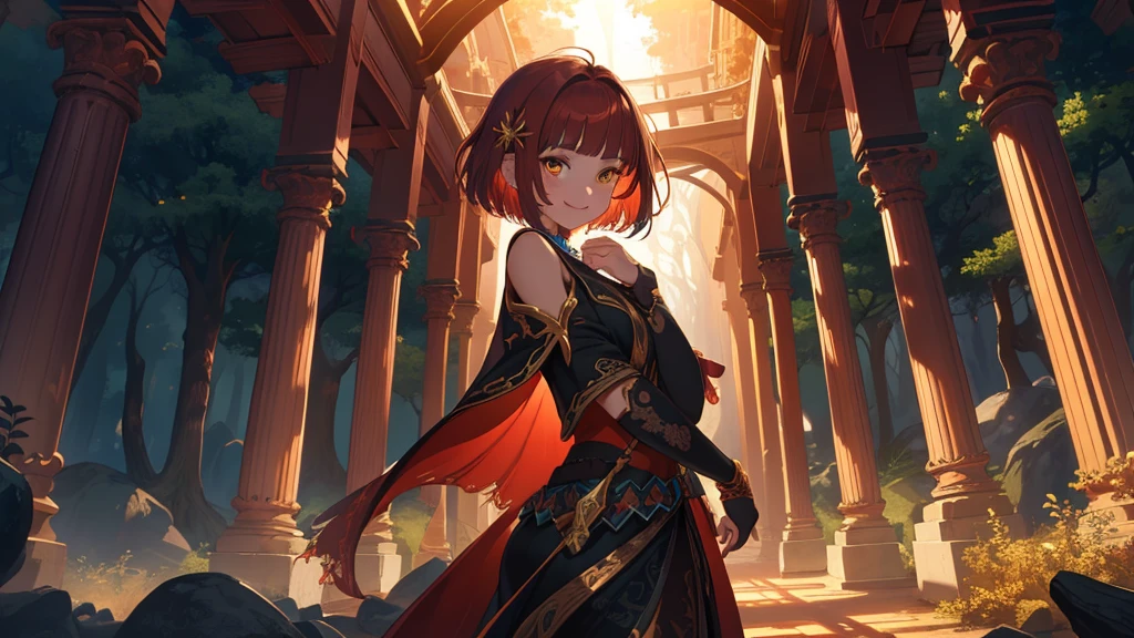 (Highly detailed CG Unity 4k wallpaper),(masterpiece),(Highest quality),(Super detailed),(Best illustrations),(Best Shadow),(Absurd),(Detailed Background), Set in a dark fantasy forest, Shoulder-length dark red hair (Bobcut),smile, Dynamic pose, Amber Eyes, Priestess&#39;s Cloak, Neutral expression, close, Circlet