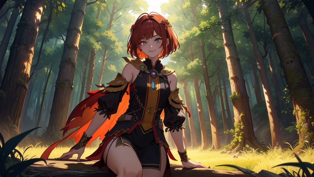 (Highly detailed CG Unity 4k wallpaper),(masterpiece),(Highest quality),(Super detailed),(Best illustrations),(Best Shadow),(Absurd),(Detailed Background), Set in a dark fantasy forest, Shoulder-length dark red hair (Bobcut),smile, Dynamic pose, Amber Eyes, Priestess's Cloak, Neutral expression, close, Circlet