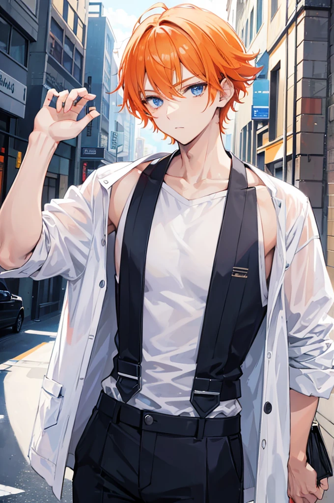 Young man, orange short hair, blue eyes, modern style, handsome man, slang, cool boy