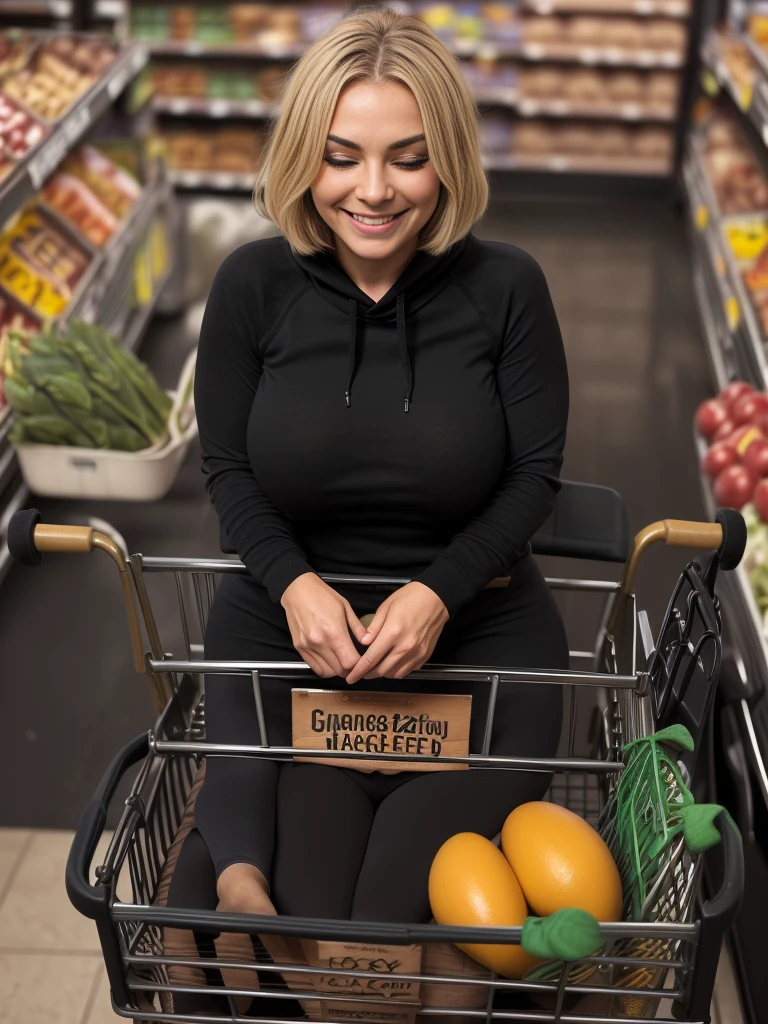 (toy sized:1.4) (most beautiful woman ever:1.4) (pudgy:1.4) 30 year old [Cara Delevingne;Natalie Dormer:0.6] sitting in (oversized giant grocery cart:1.5), cleavage, (enormous pendulous breasts:1.5), (medium blonde haircut:1.2), (eyes closed:1.4), (sultry smile:1.2), (wearing black sweatshirt and leggings:1.5) with (sleeves covering her hands:1.5)