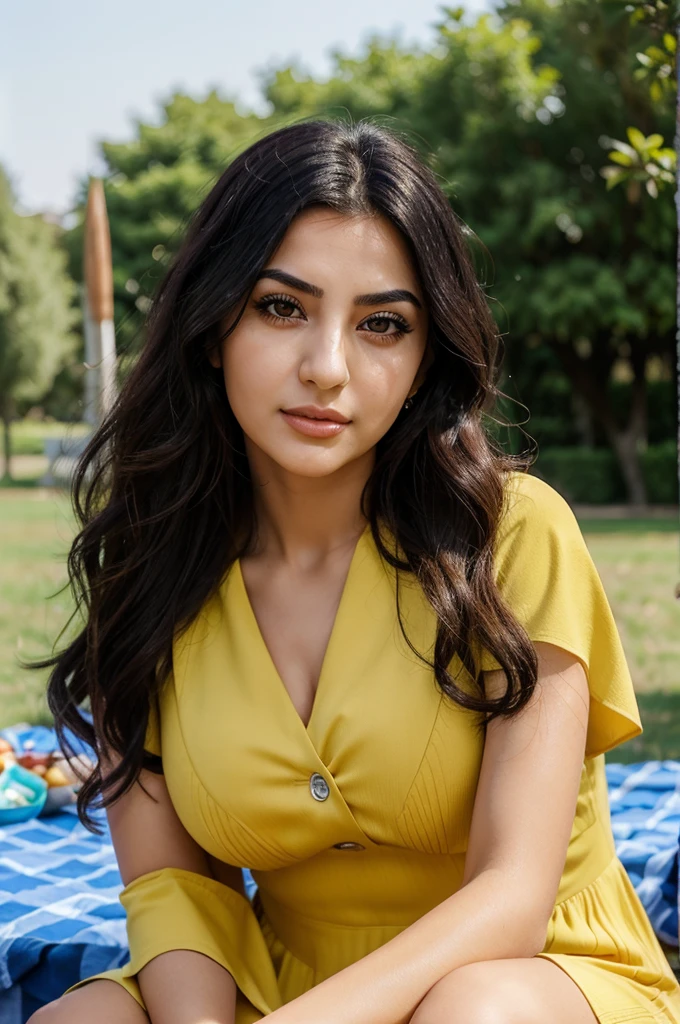 A woman of turkish appearance,25 years,detailed facial features,(Black eyes color:1.3),turkish eyes shape, Angular eyebrows,Full upper lip, thin lower lip,turkish jawline,(Wavy hair),Deep blue hair, mustard yellow color Dress clothes,(Modest),Silhouette Composition,posing in Picnic area,blurred background,dim lighting,RAW photo(realistic foto:1.2)
