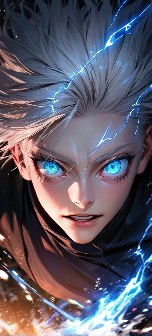  High quality, ultra realistic,absurdres, highres, ultra detailed, HDR, masterpiece, extremely detailed face and eyes,  Gojo satoru , jujutsu kaisen,, white hair ,black shirt , solo, ,man, handsome, ,white eyeleshes, blue eyes , Epic fight scene, blue splashing effect,blue lightning  effect,glowing glitters , close up,cool eyes, symetrical 