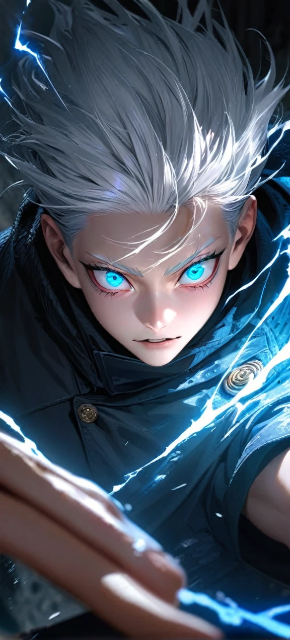 High quality, ultra realistic,absurdres, highres, ultra detailed, HDR, masterpiece, extremely detailed face and eyes, Gojo satoru , jujutsu kaisen,, white hair ,black shirt , solo, ,man, handsome, ,white eyeleshes, blue eyes , Epic fight scene, blue splashing effect,blue lightning effect,glowing glitters , close up,cool eyes, symetrical