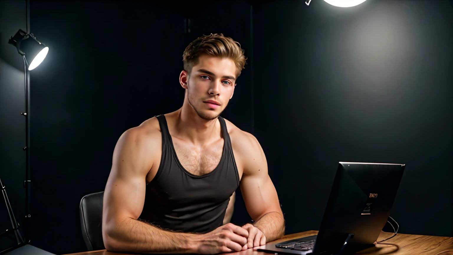 Masterpiece, best quality, ultra detailed, sfw, 1boy, an attractive 18 year old fit white boy lying in bed using laptop video call, looking at laptop screen, ((sweat)), topless, wearing tight underwear, big bulge , full body shot, side view,
