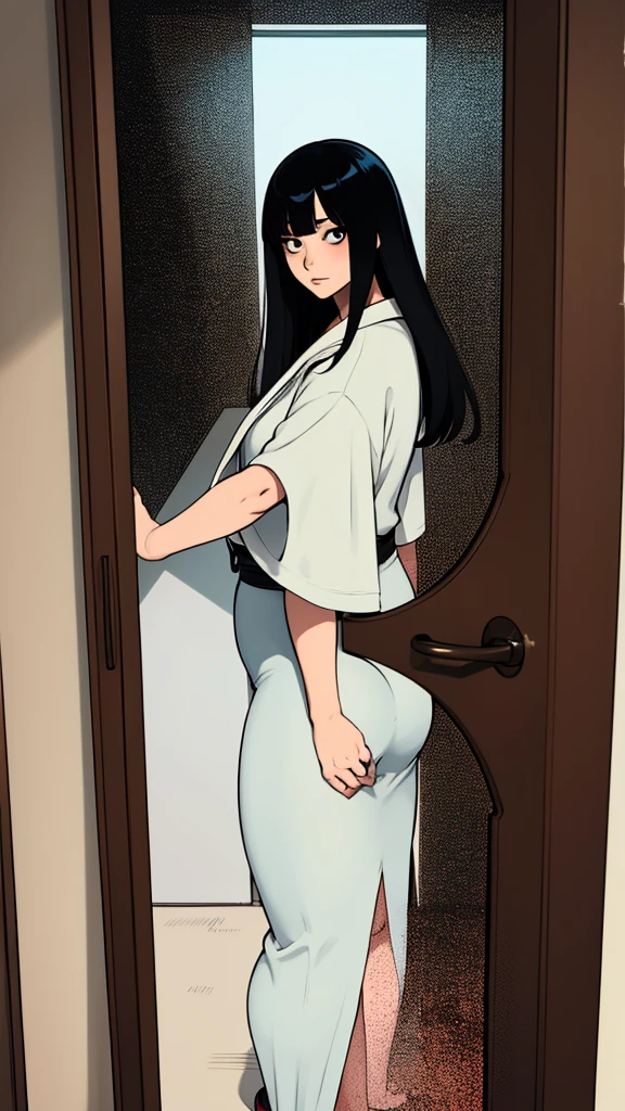 Sadako looking behind a door, puerta entreabierta, curvy, horror, dark room, dark, tenebroso, miedo, thriller