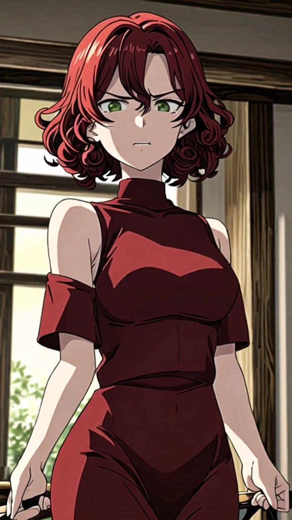 woman with short, curly red hair and beautiful green eyes angry