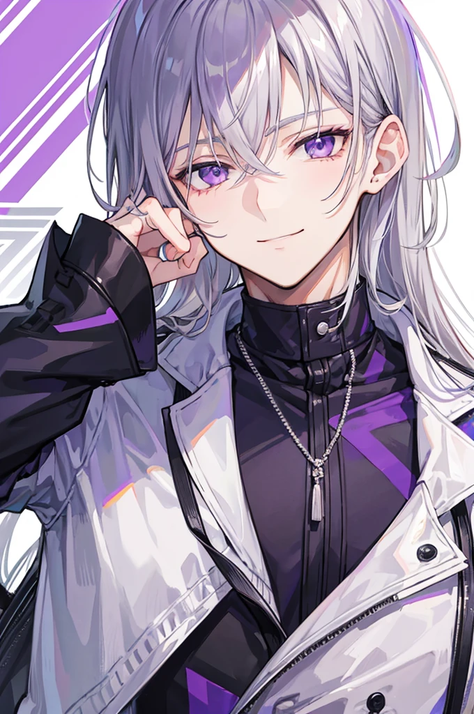 Young man, grey hair, purple eyes, smile face, modern style, handsome man, bad boy, scoffed
