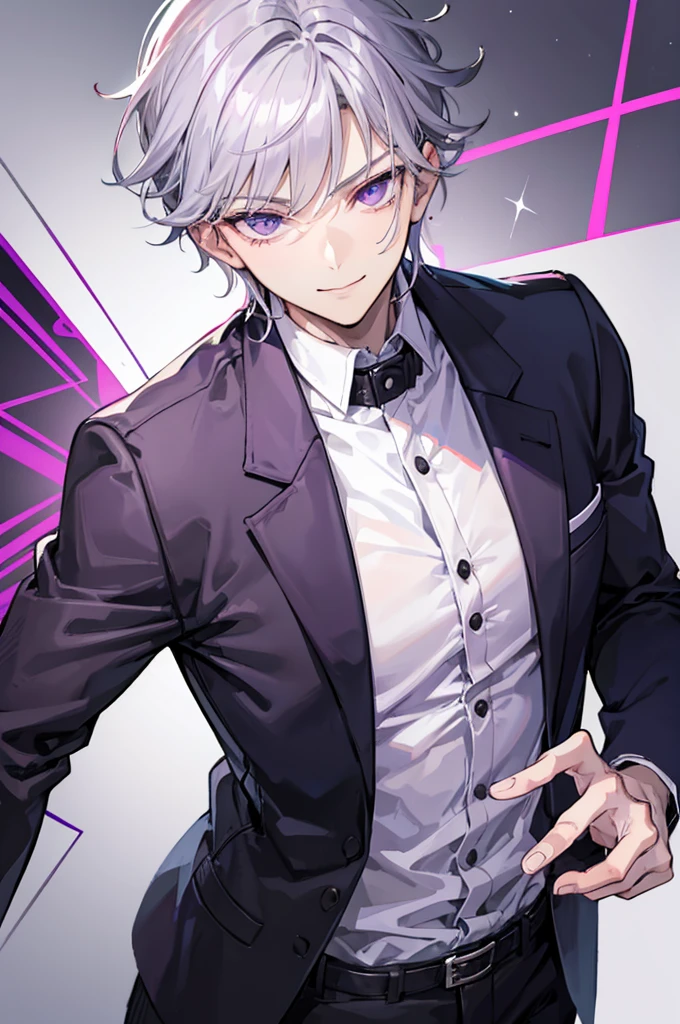 Young man, grey hair, purple eyes, smile face, modern style, handsome man, bad boy, scoffed