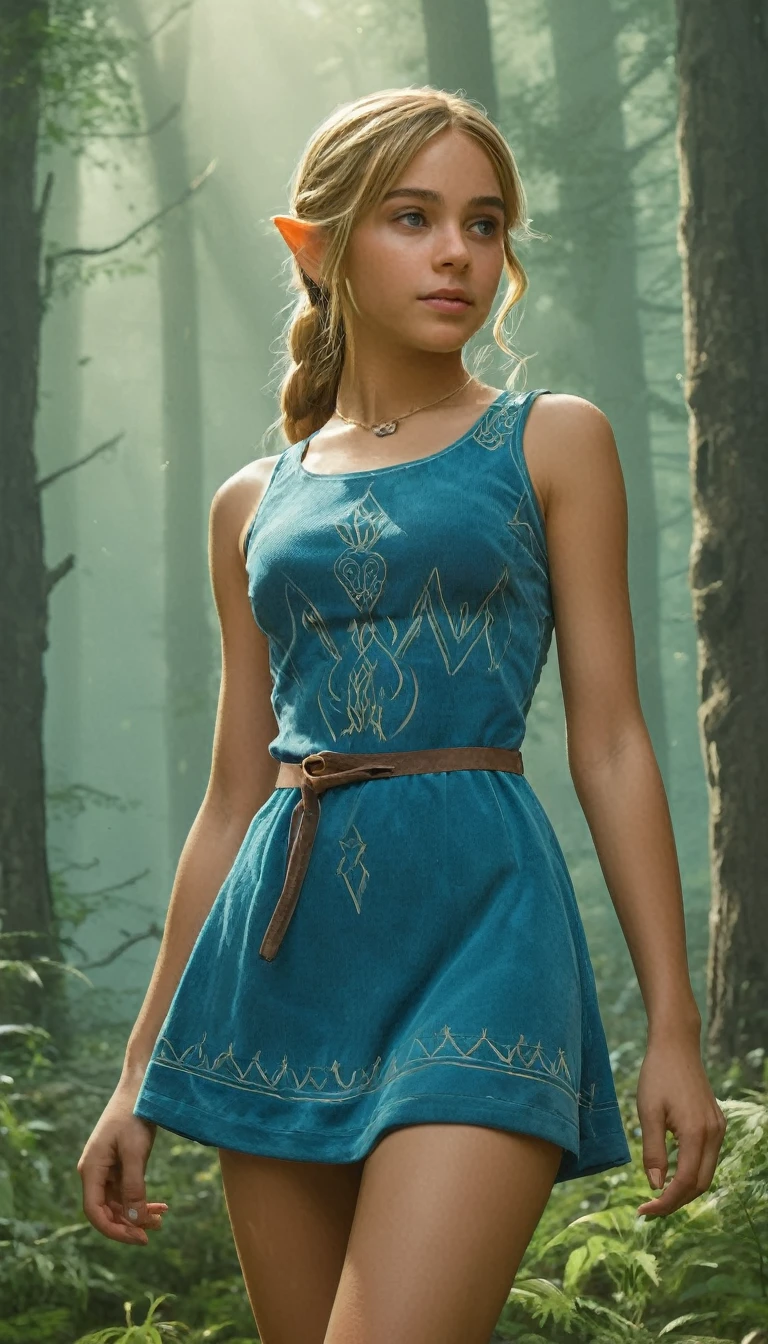 An illustrated poster for the film, hand drawn, cor cheia, an elven ager, wearing a corduroy mini dress, tez bronzeada, muito alto, athletic body, figura de ampulheta, curved, um pouco gordinho, fundo pesado, quadris generosos, bunda enorme, pernas longas, coxas poderosas ridiculamente grossas, Olhos azuis brilhantes, orelhas de elfo longas e pontudas, cabelo loiro cinza, Bob desgrenhado, posando em uma floresta nevada, sombras duras, sombreamento de grafite, stencil marks, retouched acrylic ink, Obra de arte, no estilo de Breath of the Wild