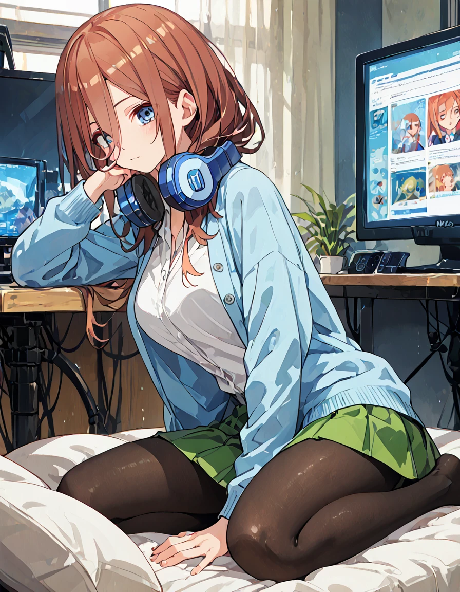 score_9, score_8_up,score_7_up,black, A girl lounging in her bedroom, a PC monitor turned on, a gaming chair, a cluttered room, fetal position, Sparkling, (absurdres absolutely resolution), (8k), (detailed illustration), (super fine illustration), (professional lighting), (vivid color),  perfect body, perfect hands, dynamic pose, dutch angle}, , looking at viewer, miku nakano, long hair, bangs, blue eyes, brown hair, shirt, hair between eyes, cardigan, headphones around neck, mature female, medium breasts, skirt, shirt, long sleeves, white shirt, pantyhose, pleated skirt, black pantyhose, cardigan, green skirt, blue cardigan,