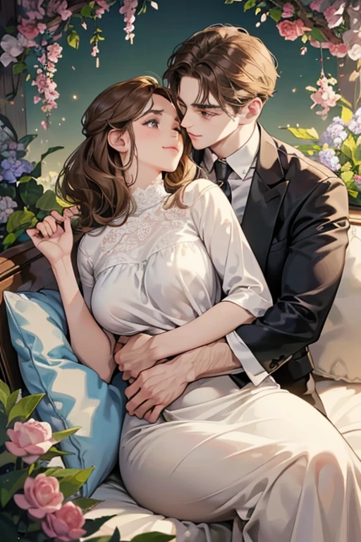 (table top, digital illustration, 4k, 8k, super detailed, beautiful images, clear image, perfect face, perfect lines, perfect eyes, soft lighting) 1 female, (light brown hair,chignon hair,innocent look,droopy eyebrows,droopy eyes、With a round face,round chin、innocence,cute,Big eyes,natural makeup,smile gently,E cup,23 years old:1.3),Two handsome men in suits, (human,man wearing a suit,muscular,solid shoulder width, boyish hairstyle,A man in his 30s with a cool expression,28 year old man with a bright smile:1.2),garden full of light、lots of flowers、squirt、colorful flower light,(embarrassing,shy smile:1.2),resort sofa,kiss、Couple kiss、romance porn、male and female couple、hug