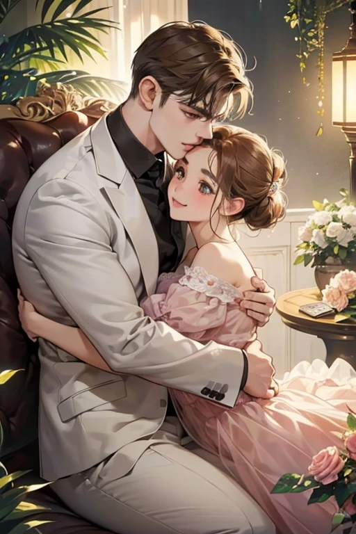 (table top, digital illustration, 4k, 8k, super detailed, beautiful images, clear image,  perfect face, perfect lines, perfect eyes, soft lighting) 1 female, (light brown hair,chignon hair,innocent look,droopy eyebrows,droopy eyes、With a round face,round chin、innocence,cute,Big eyes,natural makeup,smile gently,E cup,23 years old:1.3),Two handsome men in suits, (human,man wearing a suit,muscular,solid shoulder width,  boyish hairstyle,A man in his 30s with a cool expression,28 year old man with a bright smile:1.2),garden full of light、lots of flowers、squirt、colorful flower light,(embarrassing,shy smile:1.2),resort sofa,kiss、Couple kiss、romance porn、male and female couple、hug